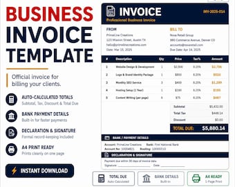 Professional Business Invoice Template Excel | Editable Tax Invoice | A4 Print Ready