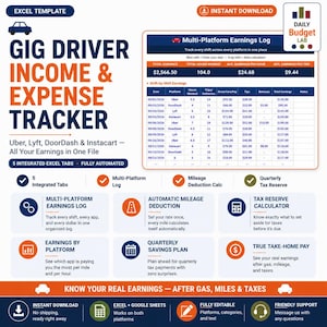 Gig Driver Income Expense Tracker | Uber Lyft DoorDash I Mileage and Tax Reserve Calculator (Excel Google Sheets)