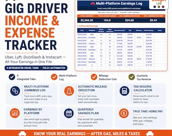 Gig Driver Income Expense Tracker | Uber Lyft DoorDash I Mileage and Tax Reserve Calculator (Excel Google Sheets)