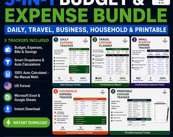 5-in-1 Budget & Expense Bundle | Daily, Travel, Business, Household and Printable | Excel Google sheets