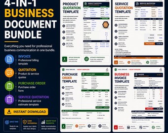 Business Document Bundle Excel | Invoice, Purchase Order, Product & Service Quotation Templates | Editable Excel/Google Sheets