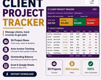 Kunden Projekt-Tracker Excel Vorlage | Rechnungsverfolgung | Freiberufliche Projektleitung