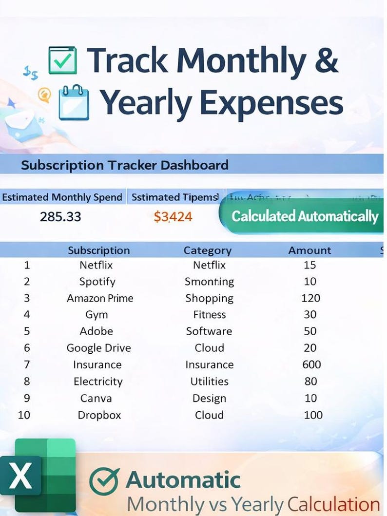 Subscription Tracker Excel Dashboard | Monthly & Yearly Subscription ...