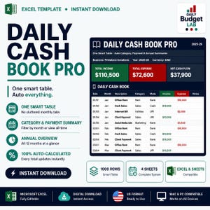 Puede incluir: Una plantilla digital de Excel Daily Cash Book Pro con una tabla inteligente para rastrear ingresos, gastos y flujo de caja neto. La interfaz muestra columnas para fecha, descripción, categoría y resúmenes para el periodo 2025-26.