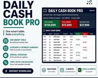 Daily Cash Book PRO Excel Template | Income & Expense Tracker | Auto Monthly Summary