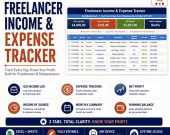 Freelancer Income & Expense Tracker Excel | Monthly Profit Dashboard | Google Sheets Compatible