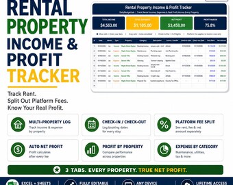 Rental Property Income & Profit Tracker Excel | Airbnb Booking Tracker with Platform Fees | Google Sheets Compatible