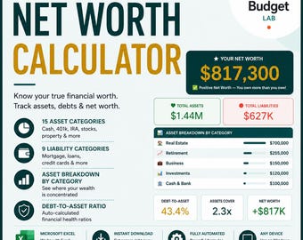 Calculadora de Patrimônio Líquido em Excel | Planilha de Ativos e Passivos | Download Digital