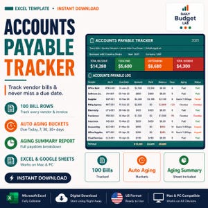 Op de afbeelding: Een Excel-sjabloon voor crediteurenbeheer met een dashboard voor factuurtracking, leverancierslogboeken en ouderdomsanalyses. De interface toont factuurnummers, vervaldata, bedragen en betalingsstatussen voor gebruik in Excel en Google Sheets.