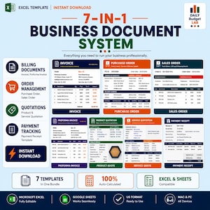 May include: A 7-in-1 business document system Excel template bundle featuring an invoice, purchase order, sales order, proforma invoice, product quotation, service quotation, and payment receipt. Includes auto-calculated fields for Microsoft Excel.