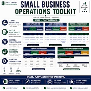 Op de afbeelding: Een digitaal Excel-sjabloon getiteld Small Business Operations Toolkit van Daily Budget Lab. Het bevat zes geautomatiseerde tabbladen, waaronder een klant- en projecthub, verkoop- en facturatielogboek, onkosten- en leverancierstracker, cashflowdashboard en operations command center met datatabellen en overzichtsstatistieken.