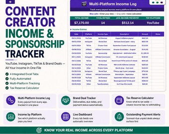 Content Creator Income Tracker Excel Template | YouTube Instagram TikTok Sponsorship & Tax Reserve Calculator | Google Sheets
