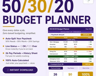 50/30/20 Budget Planner Spreadsheet | Paycheck Budget Template | Excel Digital Download | Bi-Weekly Budget
