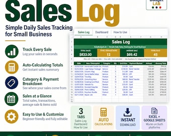 Sales Log Template | Daily Sales Tracker for Excel & Google Sheets | Small Business Sales Spreadsheet | Sales Record, Instant Download