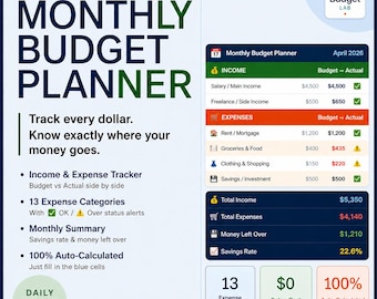 Monthly Budget Planner Excel | Income & Expense Tracker Spreadsheet | Personal Finance Template | Digital Download