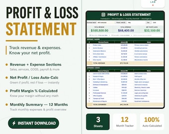 Profit & Loss Statement Vorlage | Monatlicher Geschäftseinnahmen und Ausgaben-Tracker | Excel/ Google Sheets