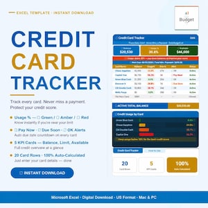 May include: A digital credit card tracker template with a blue and gold design. The spreadsheet displays balance, usage, and due dates for multiple credit cards. Features include auto-calculation, KPI cards, and a visual usage indicator.