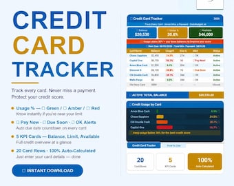 Credit Card Tracker Excel Spreadsheet | Credit Card Payment Planner | Balance & Due Date Tracker