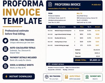 Proforma-Rechnungsvorlage Excel | Bearbeitbares Kostenvoranschläge- und Angebotsblatt | SKU-Verfolgung