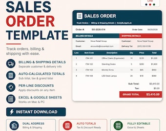 Sales Order Template Excel | Customer Order Tracker with Billing & Shipping | Auto-Calculated Totals