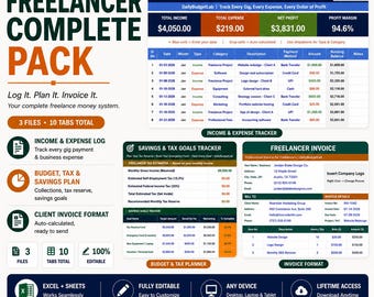 Freelancer Complete Pack Excel Bundle | Income Expense Tracker, Budget Planner & Invoice Template | Google Sheets Compatible