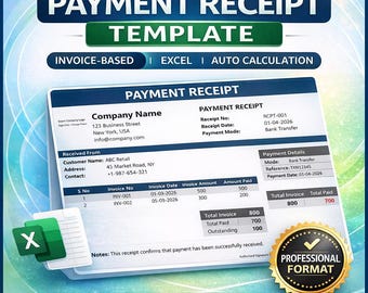 Excel Payment Receipt Template | Invoice Payment Tracker (Digital Download)