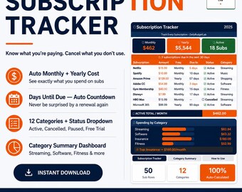 Subscription Tracker Excel Spreadsheet | Monthly & Yearly Subscription Planner