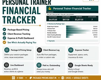 Personal Trainer Financial Tracker Excel Template | Client Revenue, Package Pricing & Expense Dashboard | Google Sheets