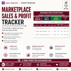 May include: An Excel template titled Marketplace Sales & Profit Tracker. The dashboard displays sales, fees, and net profit data. Features include an order log, fee tracking, and profit calculations for platforms like Amazon, eBay, and Etsy.
