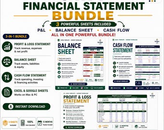 3-in-1 Financial Statements Bundle | P&L, Balance Sheet and Cash Flow | Excel/Google Sheets