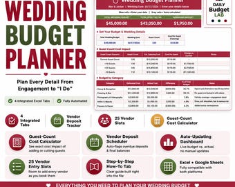 Wedding Budget Planner Excel Template | Vendor Payment & Deposit Tracker, Guest Count Cost Calculator | Google Sheets Compatible