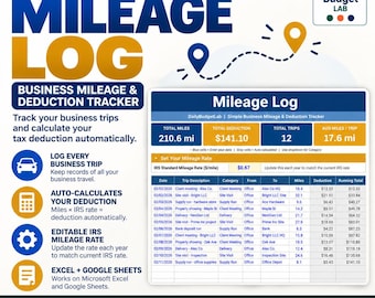 Mileage Log Template | Business Mileage and IRS Deduction Tracker | Excel & Google Sheets
