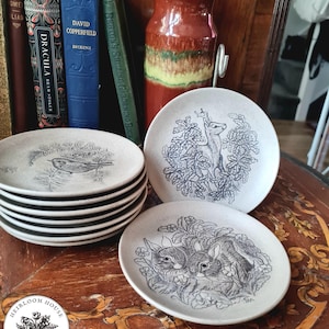 Puede incluir: Un conjunto de platos pequeños de color blanquecino con bordes a rayas negras, y tres platos con ilustraciones en blanco y negro de un pájaro, un ciervo y dos conejos. Libros y un jarrón decorativo en el fondo.