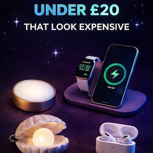 May include: An advertisement for tech gifts under £20. The image shows a smartwatch, a smartphone charging on a stand, a small lamp, a seashell-shaped lamp, and wireless earbuds.