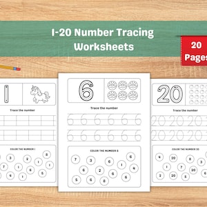 May include: A set of I-20 number tracing worksheets with 20 pages. Each page features a number to trace, along with illustrations and colouring activities. A pencil rests on the wooden surface.