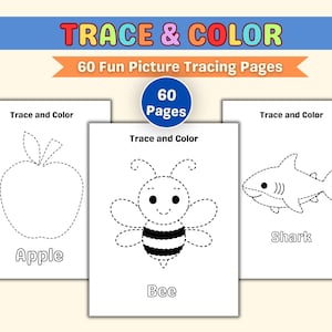 Pode incluir: Um livro de atividades infantis intitulado "Trace & Color" com 60 páginas de traçado. A capa apresenta desenhos de contorno de uma maçã, uma abelha e um tubarão. O título está em letras coloridas e as páginas são brancas.