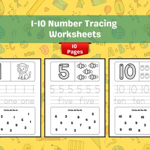 May include: Educational worksheets for number tracing from 1 to 10. Each page features a number, its corresponding word, and tracing exercises. Includes a lion illustration for number 1 and fish for number 5.