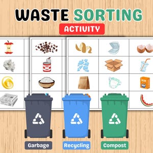 May include: A colorful educational poster titled "Waste Sorting Activity" with illustrations of various waste items. Three bins are labeled "Garbage," "Recycling," and "Compost." The poster is designed to teach waste management.
