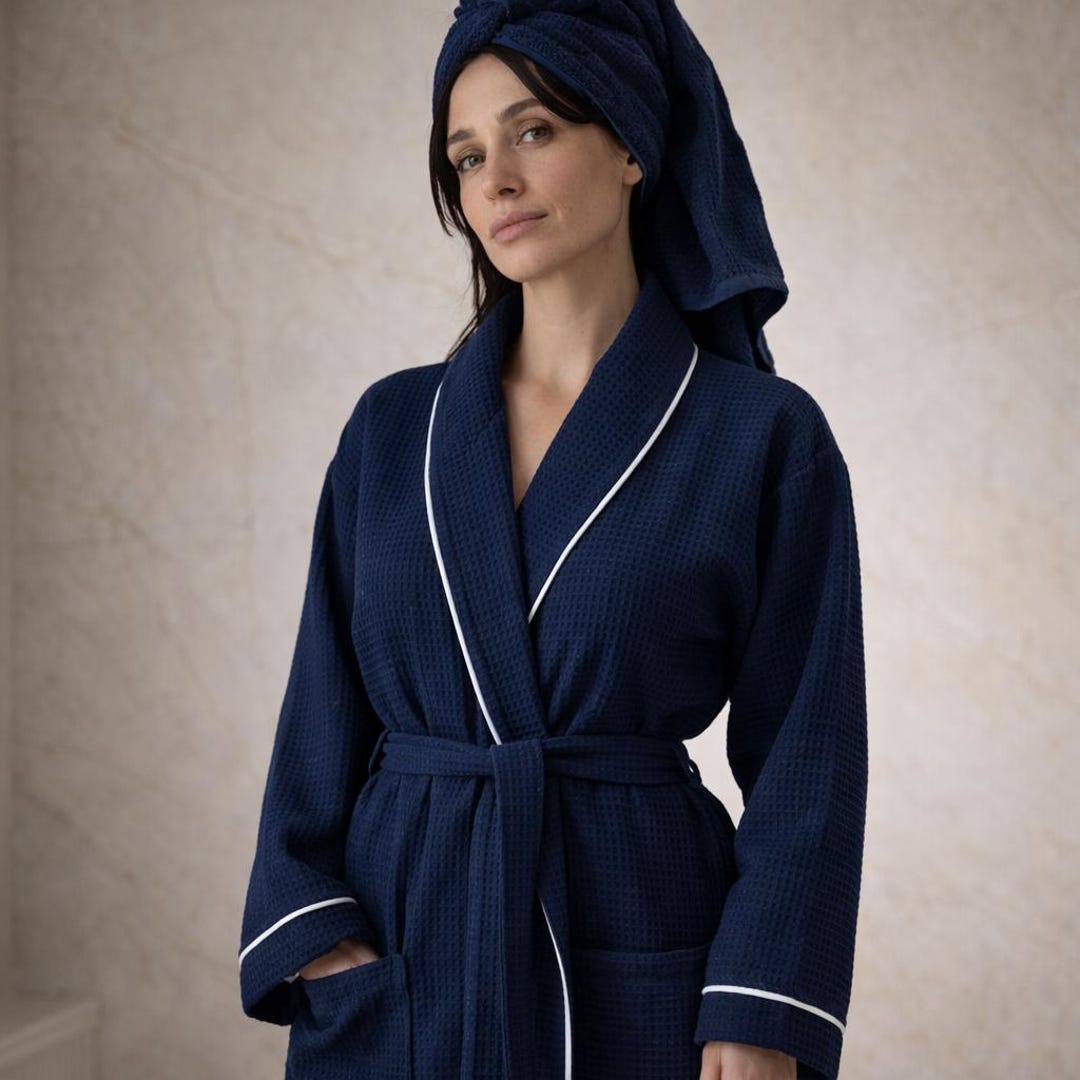 Turkish Cotton Waffle Bathrobe | Navy Waffle Weave Robe & Hair Towel ...