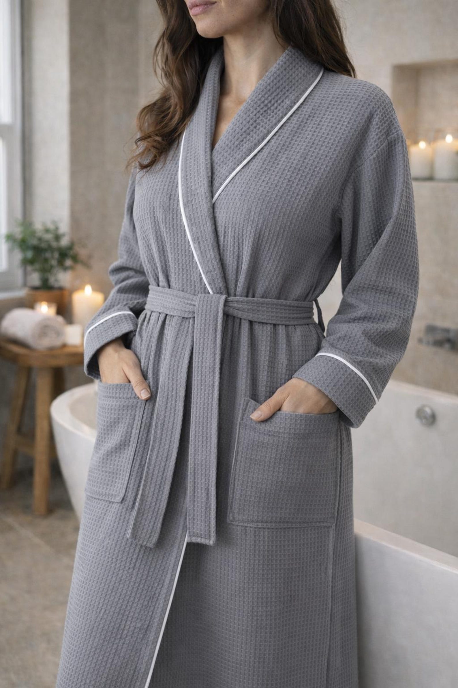 Gray Turkish Cotton Waffle Bathrobe | Absorbent Kimono Robe - Etsy
