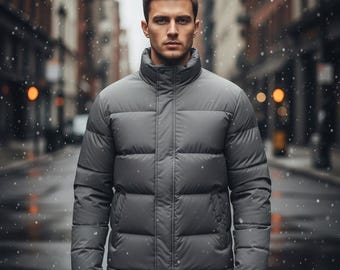 Chaqueta acolchada gris para hombre: abrigo de invierno cálido y acolchado / Ropa de calle de moda estadounidense