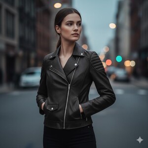 Könnte beinhalten: Schwarze Lederjacke mit asymmetrischem Reißverschluss, Reverskragen und gesteppten Schulterdetails. Die Jacke hat zwei Vordertaschen und silberfarbene Hardware. Die Person steht auf einer Stadtstraße.
