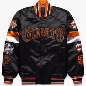 Chaqueta bomber vintage de satén negro de los San Francisco Giants, abrigo universitario retro de la Serie Mundial de la MLB.