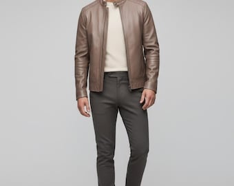 Men’s Slim Fit Taupe Leather Jacket – Real Lambskin Cafe Racer Bomber – Handmade Minimalist Jacket