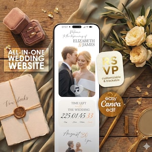May include: A smartphone screen displaying a wedding website design with a photo of a couple. Text includes "ELIZABETH & JAMES", "RSVP", and "ALL-IN-ONE WEDDING WEBSITE". The image also shows a ring box, vow books, and floral arrangements.