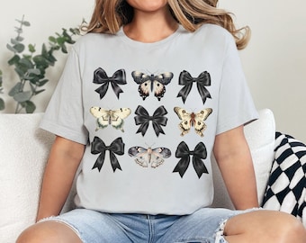 Dark Coquette Moth and Bow Shirt, Dark Coquette Clothing, Cottagecore Shirt, Goblincore, Goth Girly Aesthetic, Coquette Clothing, Black Bows