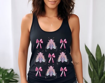 Coquette Pink Bow and Cicada Tank Top, Cicada Tank Top, Cottagecore Shirt, Goblincore, Goth Girly Aesthetic, Coquette Clothing. Bug Shirt