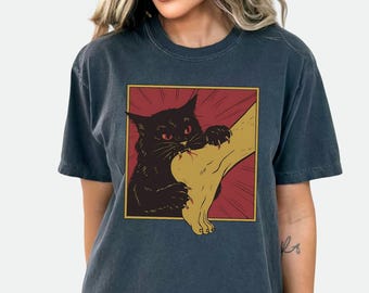 Vintage Cat Bite Shirt Japanese Anime Horror Comfort Colors t-shirt, Horror Cat Graphic Tee, unisex Cool Shirts