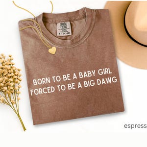 May include: Espresso-colored t-shirt with the text "BORN TO BE A BABY GIRL FORCED TO BE A BIG DAWG" in white. A gold heart pendant necklace and a beige hat are also in the image. Dried flowers are on the left.