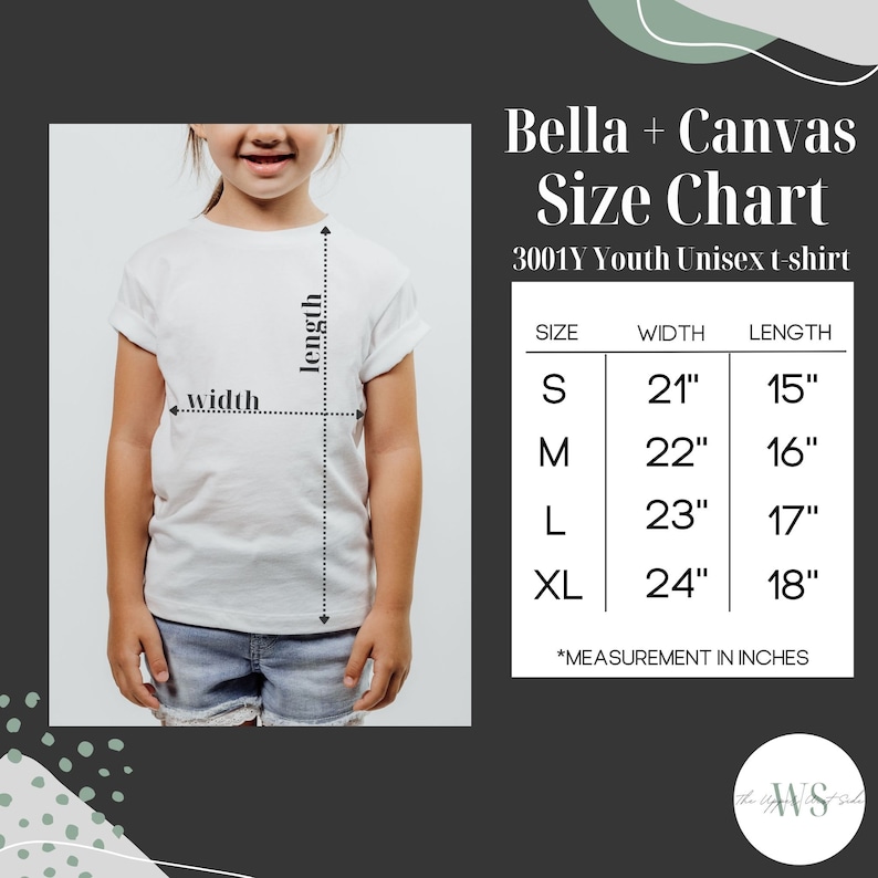 May include: Size chart for a youth unisex t-shirt from Bella + Canvas. The chart shows the width and length in inches for sizes S, M, L, and XL. The text "3001Y Youth Unisex t-shirt" is also included.